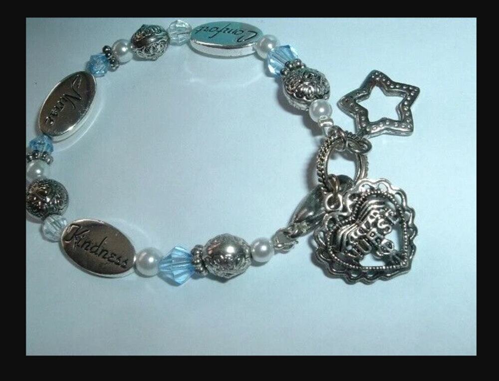 Nurses Blue Crystal White Pearl Silver Kindness Comfort Charm Bracelet Gift